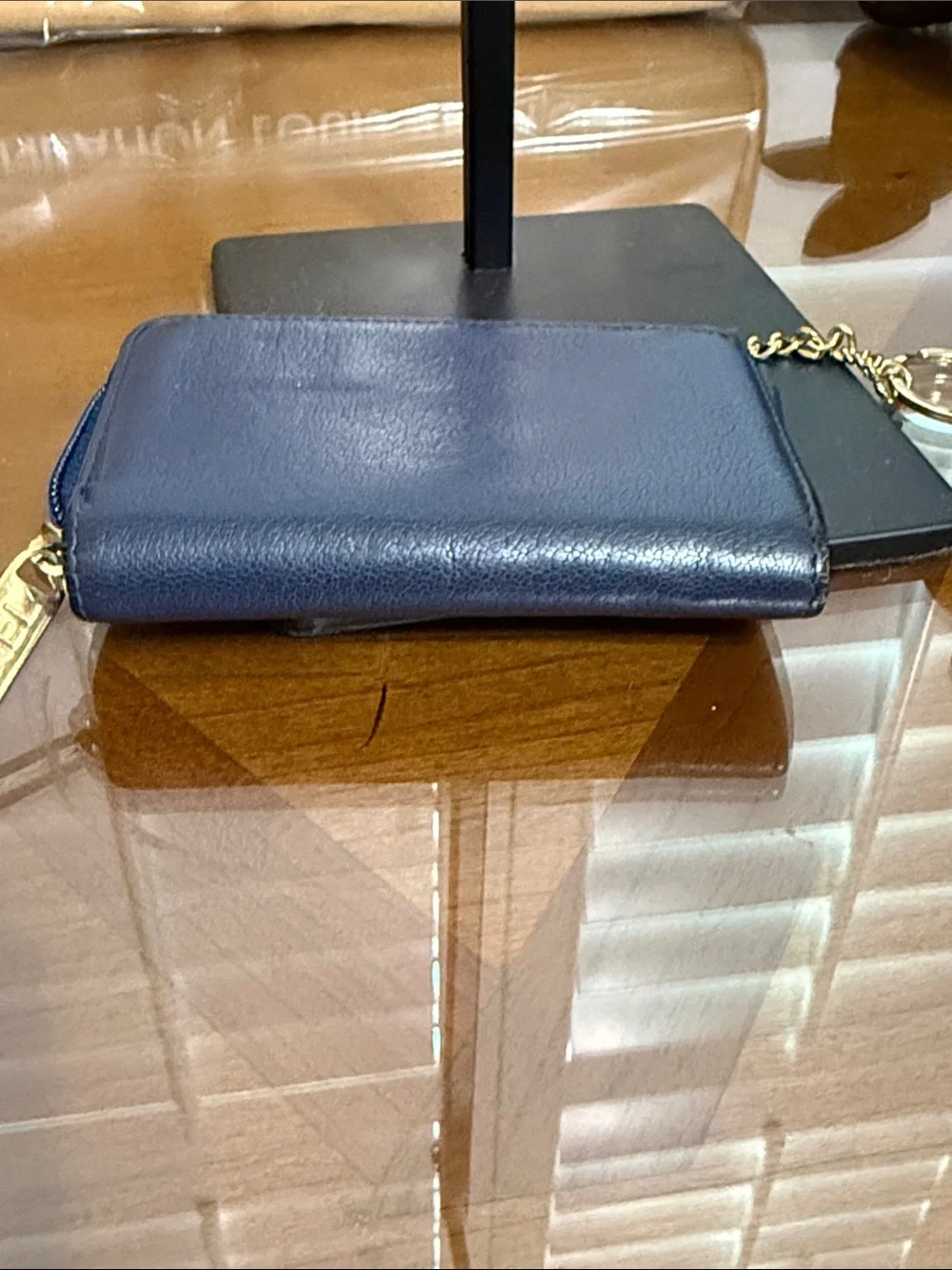 CHANEL Navy Leather CC Logo Key Pouch with Gold Chain